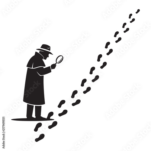 Detective silhouette with magnifying glass following a trail of footprints for investigation and mystery solving vector illustration