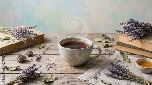 Cup of Lavender Herbal Tea with Dried Florals on Rustic Table
