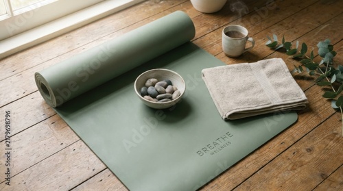 Rolled Yoga Mat Singing Bowl and Linen Towel on Sunlit Wooden Floor