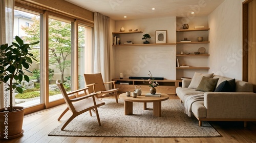Modern Japandi Living Room Interior with Wooden Furniture and Garden View