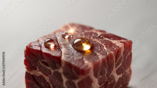 Fresh raw beef steak cube with water droplets on surface droplets ingredient preparation