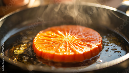Sliced vegetable round searing in a hot frying pan with vegetable stovetop sizzling preparation