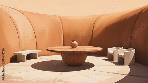 Modern minimalist courtyard with curved terracotta walls and central round stone table