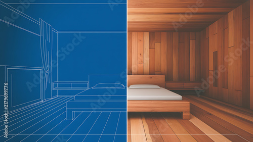 Split screen comparison showing a 3D blueprint wireframe next to a finished wooden bedroom interior