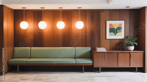 Retro style waiting room with wooden wall paneling green sofa glowing pendant lights paneling
