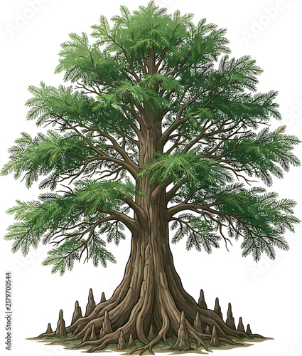 Large oak tree with textured bark and exposed roots vector illustration