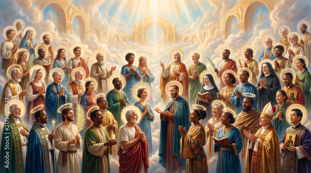 Fototapeta premium Crowd of saints and believers in heaven with halos praying and worshiping before divine light. All saints day celebration