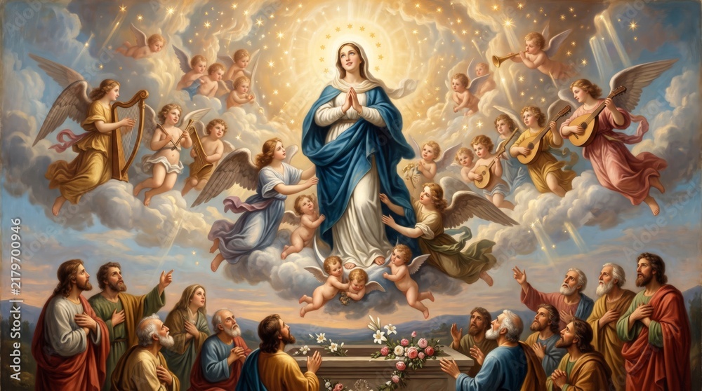 Fototapeta premium Assumption of virgin mary into heaven surrounded by angels and apostles. Woman praying among clouds with cherubs playing music. Religious painting for catholic feast and christian faith concept.