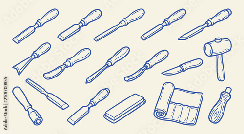 Quadro su tela Doodle set of various wood carving chisels and tools, handdrawn doodle style vec