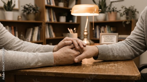Two Pairs of Hands Holding Gently on Wooden Desk under Reading Lamp