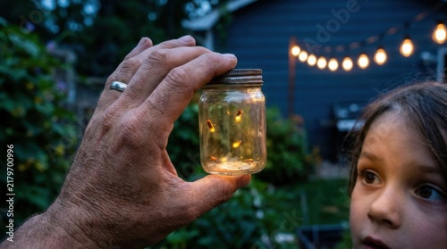Father and Child Holding Glass Jar with Glowing Fairy Lights at Twilight