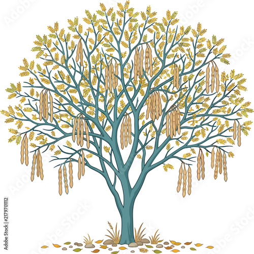 Detailed vector illustration of a mature locust tree with hanging seed pods and fallen leaves