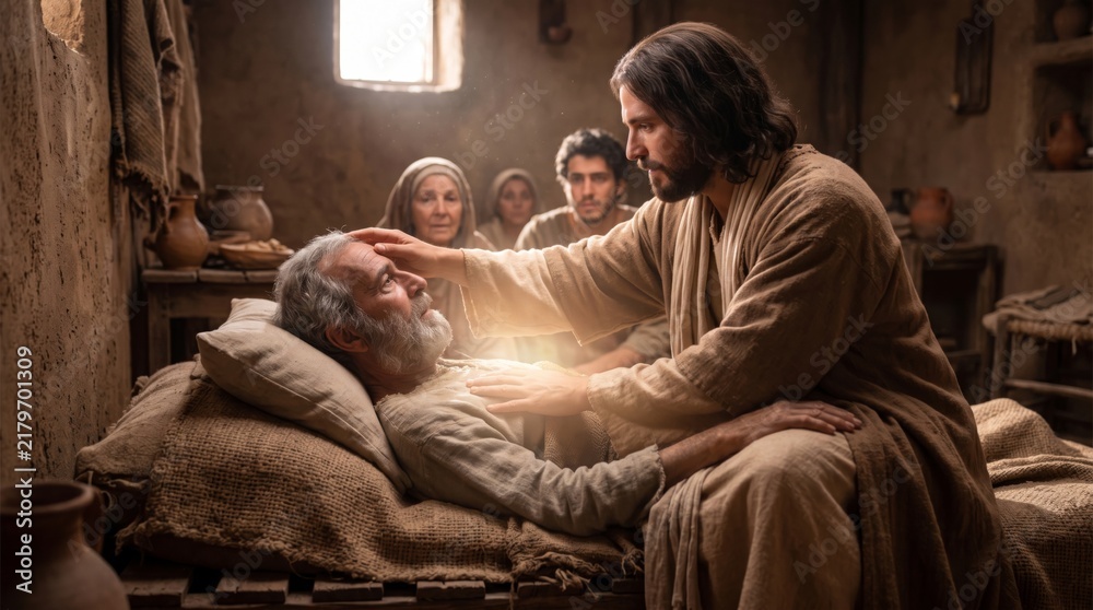 Obraz premium Jesus healing sick old man lying in bed with divine light. Biblical scene of miracle and compassion in ancient house. Faith, hope and mercy concept for Christian religion, Easter and church