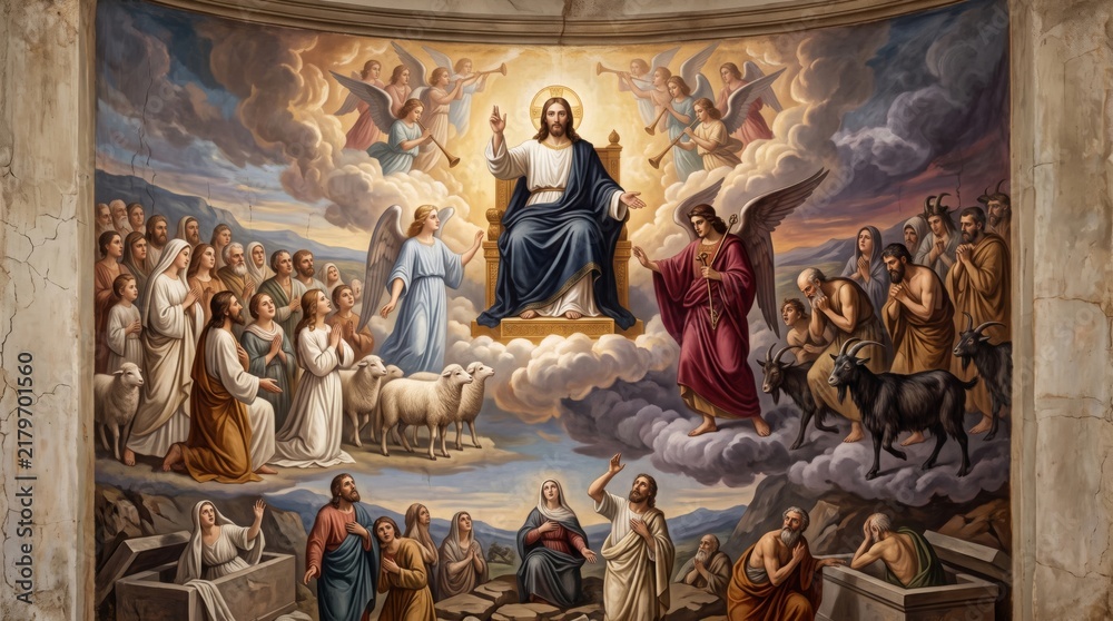 Fototapeta premium Religious fresco depicting last judgment scene with Jesus on throne surrounded by angels, saints and believers. Biblical mural painting in church showing resurrection and