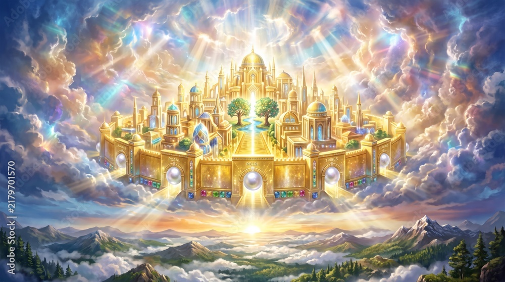 Fototapeta premium Heavenly golden city floating in clouds with pearly gates and gemstone walls. New Jerusalem celestial kingdom shining with divine light over