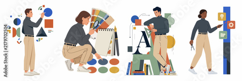 Set of diverse graphic and UI UX designers working on creative projects through various stages of the design process in flat vector style.