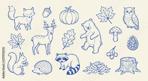Doodle set of autumn forest elements including woodland animals, seasonal plants, and nature icons in a handdrawn style