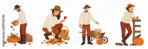 Set of flat illustrations showing people performing various autumn farm activities like harvesting pumpkins, gathering leaves, and enjoying the seasonal harvest.