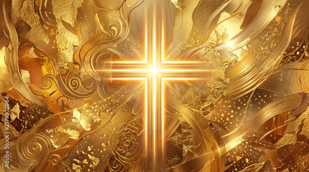 Obraz premium Glowing christian cross on luxurious golden abstract background with ornate swirls and light rays. Religious faith and spirituality concept. Easter, Christmas and church celebration background.