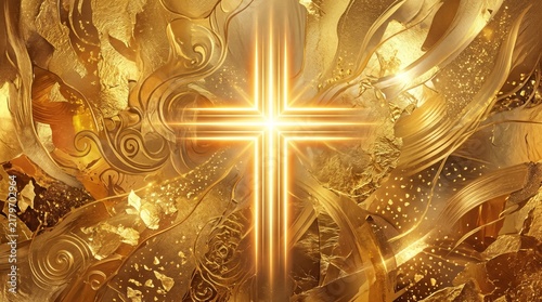Glowing christian cross on luxurious golden abstract background with ornate swirls and light rays. Religious faith and spirituality concept. Easter, Christmas and church celebration background.