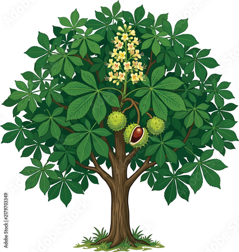 Detailed vector illustration of a horse chestnut tree featuring green leaves