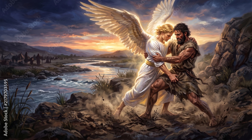 Fototapeta premium Angel wrestling with man by river at sunset. Biblical scene of Jacob fighting with divine messenger. Religious painting about faith, struggle and