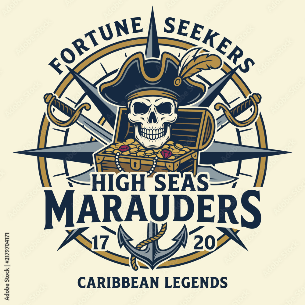 Fototapeta premium This graphic features a pirate skull, treasure chest, and crossed swords, capturing the adventurous spirit of the high seas and the allure of treasure hunting.