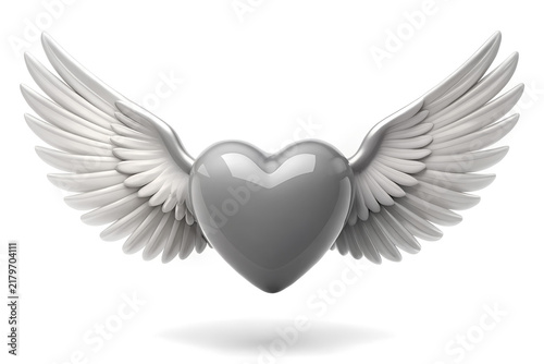 Monochrome Heart Symbol Floating in Midair with wings on White
