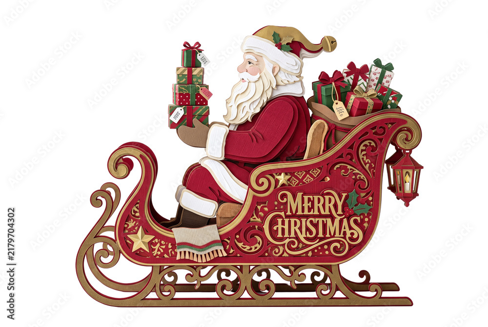 Naklejka premium Santa Claus riding sleigh with Christmas gifts