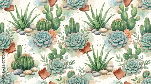 Watercolor succulents seamless pattern with cactuses, aloe vera, and river rocks