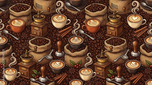 Rich coffee roastery seamless pattern with cups of latte art, beans, and grinders