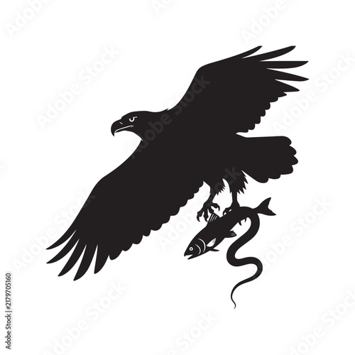 Eagle Catching Fish Silhouette Wildlife Vector Illustration Isolated on White Background Design. 