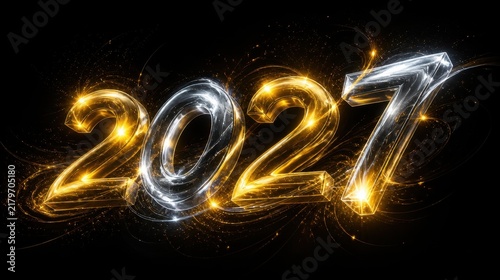 Bright Light Effect on Glowing 2027 Numerals with Energy Sparks in Dark Background
