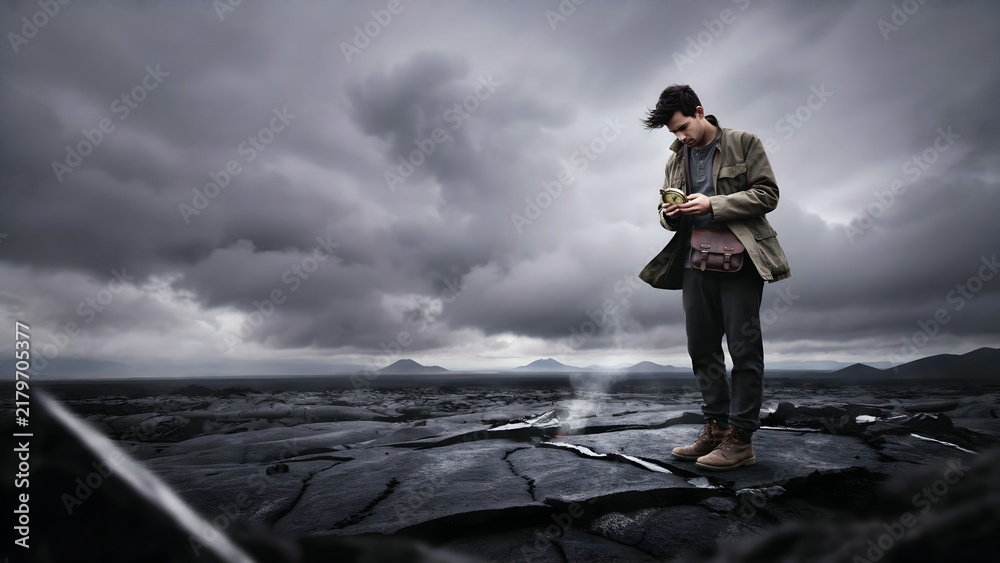 Fototapeta premium Young Man Standing Alone on Dark Stormy Coastal Landscape with Overcast Sky