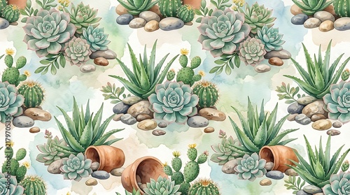 Watercolor succulents and cactus seamless pattern background with stones and potted plants