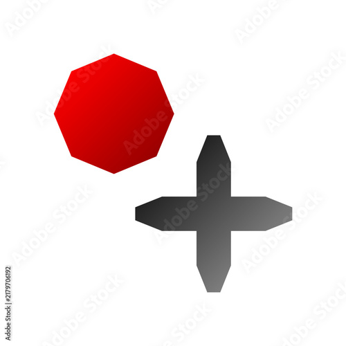 Simple geometric graphic elements red polygon and grey cross isolated on white