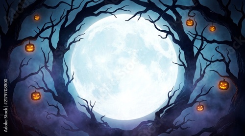Glowing jack o lanterns hanging from dark silhouettes of twisted trees against a large full moon background