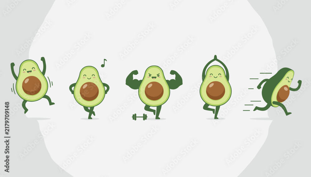 Obraz premium Series of healthy avocado characters performing fitness routines like yoga, running, and heavy weightlifting.
