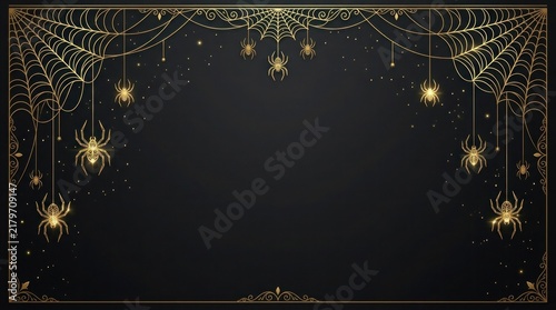 Golden spider web border with hanging arachnids on a dark background with illustration with hanging spiders black