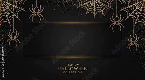 Golden spider web illustrations hanging on black background for holiday design with insects glitter texture