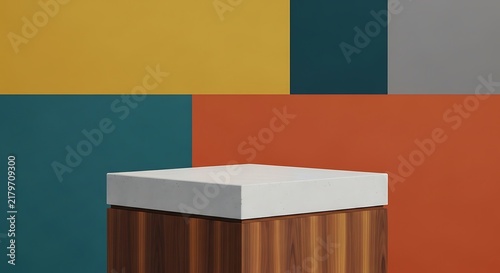 Minimalist wooden stool with red cushion on gradient background in modern interior design