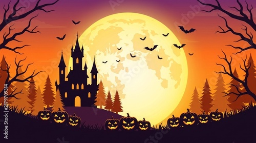 Halloween landscape with carved pumpkins and a spooky castle under a large full moon at night