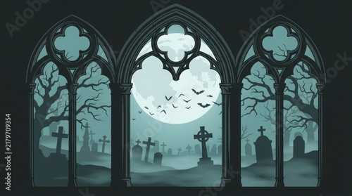 Gothic arched window overlooking a spooky graveyard with a full moon and flying bats at night