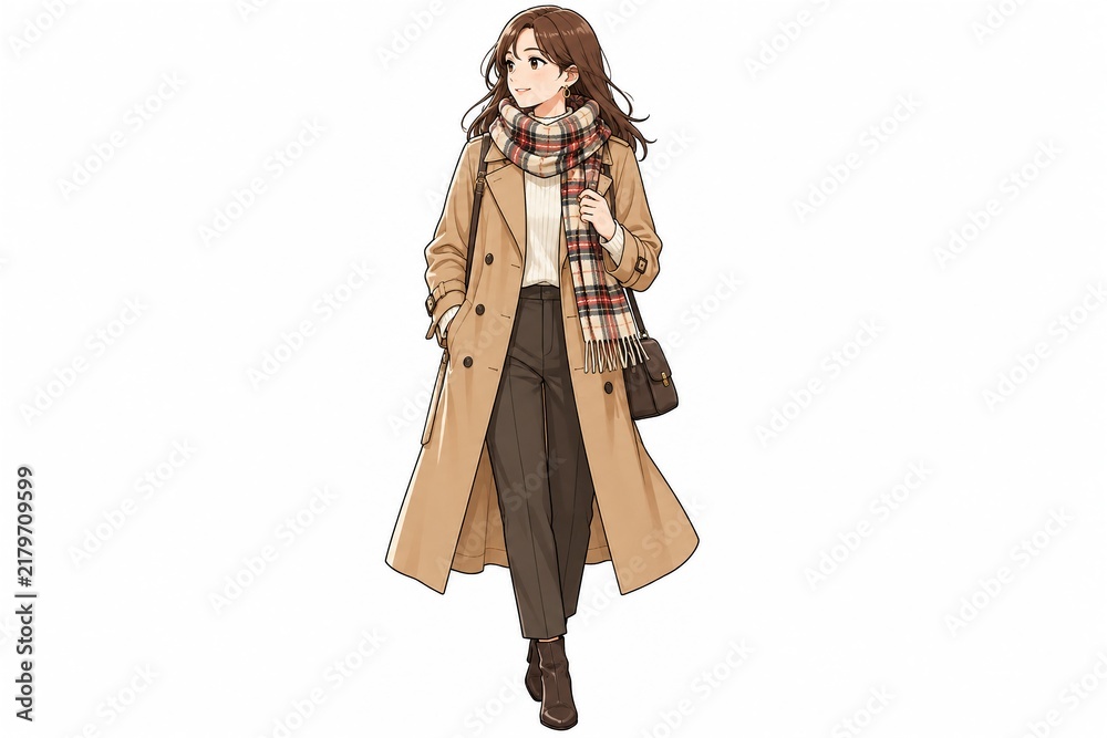 Fototapeta premium おしゃれなトレンチコートとマフラーを身につけ笑顔で歩く若い女性の全身イラスト
