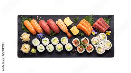 Cuadro en lienzo Assortment of fresh sushi and sashimi on black png on isolated transparent backg