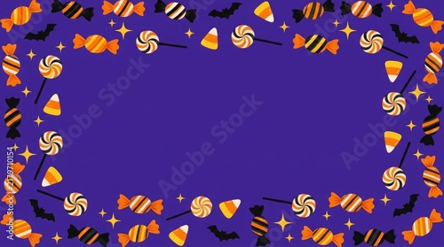 Halloween candy and bat pattern border frame set against a solid dark purple background with lollipops corn sweets
