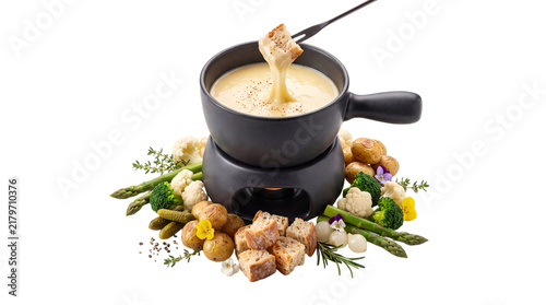 Photography Cheese fondue pot with dipping vegetables and bread png on isolated transparent
