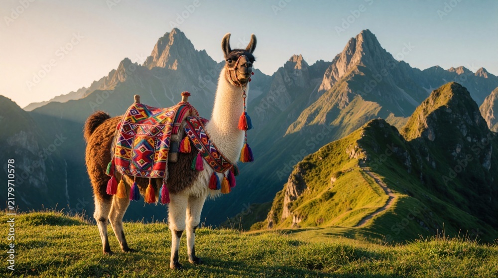 Obraz premium Llama with colorful saddle stands on grassy mountain ridge. Majestic peaks and clear sky form backdrop. Animal ready for trek, evokes adventure and highland travel.