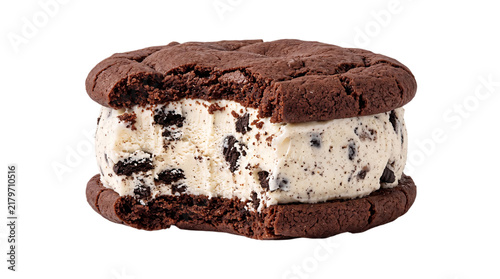 Fotografie Chocolate cookie ice cream sandwich with bite taken out png on isolated transpar