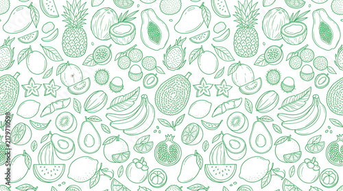 Tropical Fruits Seamless Pattern with Hand Drawn Mango, Pineapple, Papaya, Banana, Watermelon, Citrus and Exotic Fruit Illustrations
